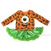 Halloween Pumpkin Bat Skeleton Long Sleeve Bodysuit Green Satin Pettiskirt & Big Eye Monster Print JS4792